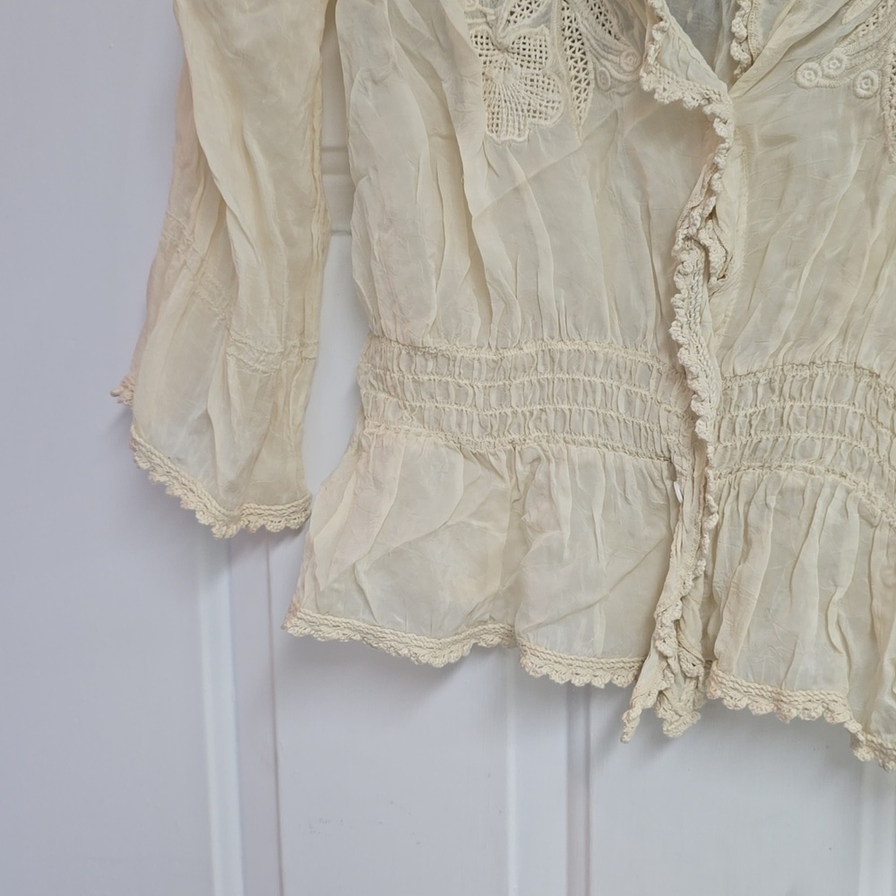 Johnny Was Cream Ivory 3/4 Sleeve Cupra Rayon Boho Embroidered Top  - Picture 3 of 10